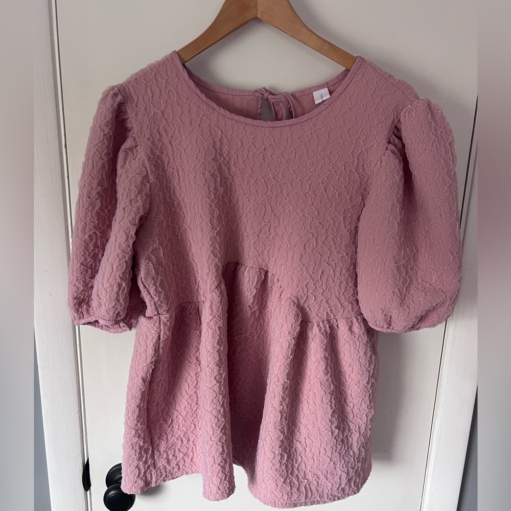 Pink Textured Women's Top w/ Balloon Sleeve by Yidian Liang